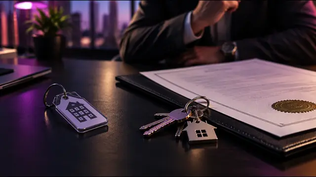 A rental key tag next to a house deed and a set of house keys
