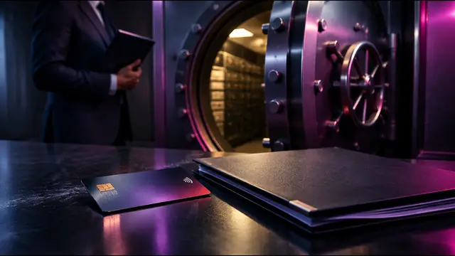 A bank vault door ajar with a payment card and a risk folder in front