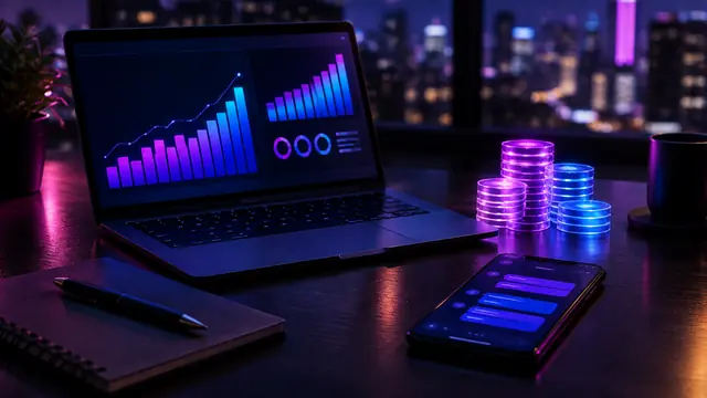 A night-time desk with a laptop showing glowing revenue bar charts, stacks of glowing tokens and a phone with a chat interface