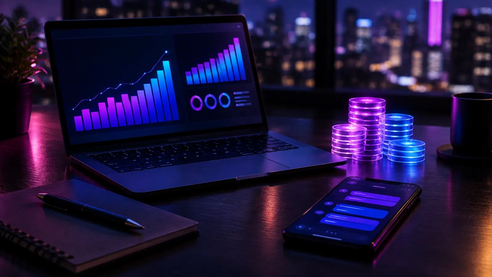 A night-time desk with a laptop showing glowing revenue bar charts, stacks of glowing tokens and a phone with a chat interface