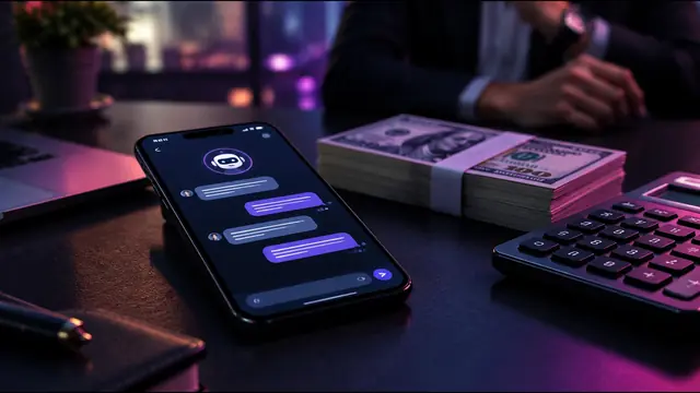 A smartphone companion chat app beside a stack of cash and a calculator