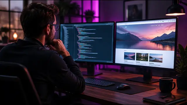 A developer choosing between a code editor on one monitor and a finished website on another