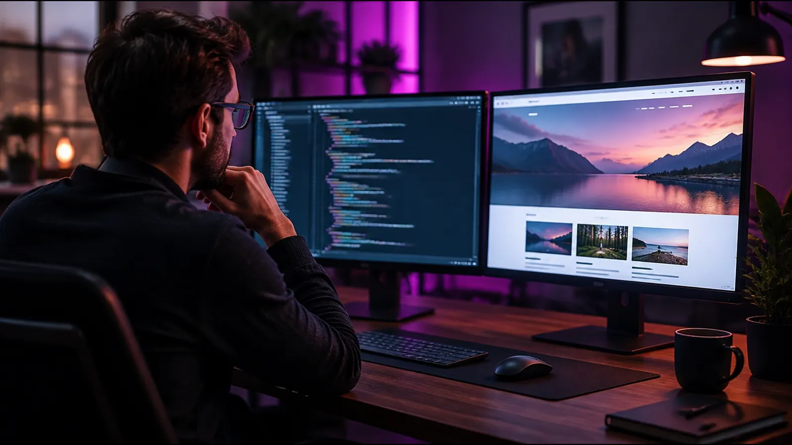 A developer choosing between a code editor on one monitor and a finished website on another