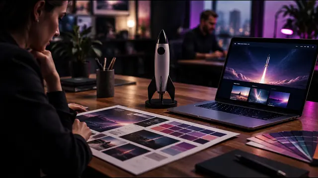 A rocket model beside a brand mood board and a laptop showing a website launch