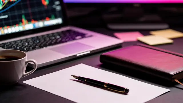 A tidy desk at night with a cup of coffee, a leather notebook and a fountain pen on a blank sheet, a laptop glowing in the background