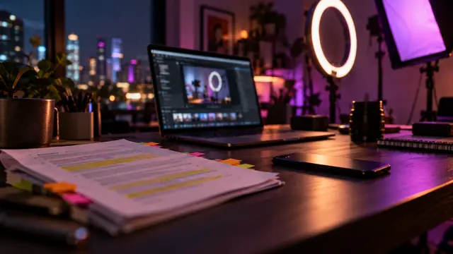 A creator's home studio desk at night with a laptop open to a blurred photo-editing workspace, a printed terms document with highlighted clauses and sticky tabs, a phone, and a ring light glowing in the background