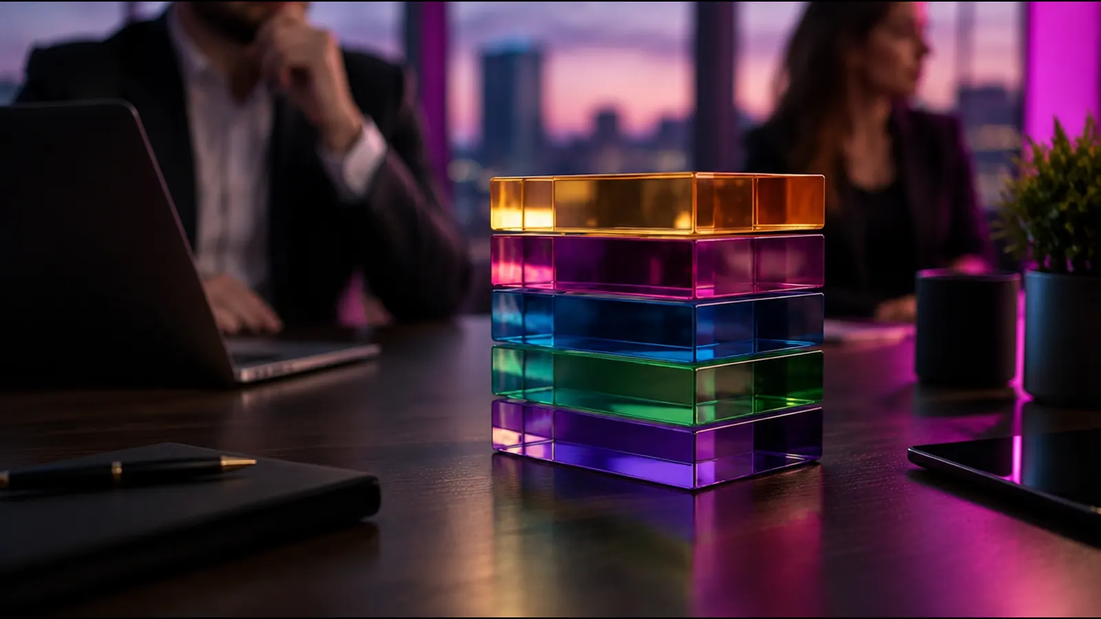 A stack of translucent colored glass blocks representing revenue streams