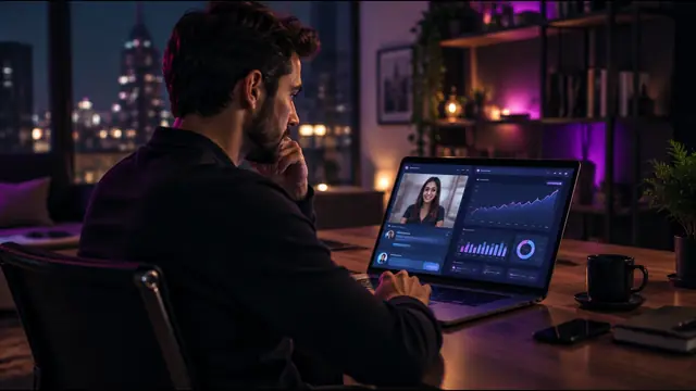An entrepreneur at a laptop in a home office at night with a companion chat site and revenue dashboard