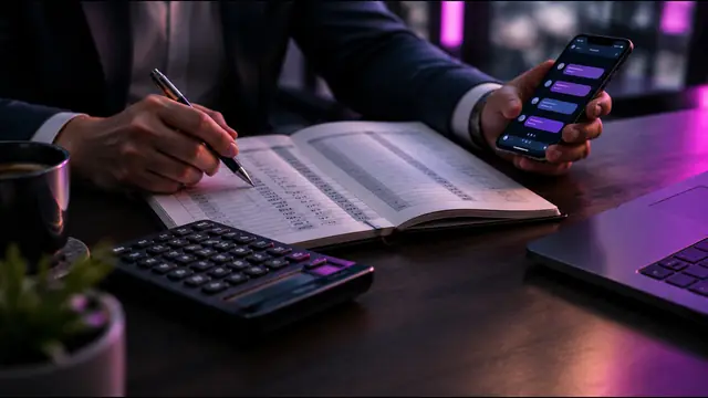A ledger of profit and cost columns with a calculator and a smartphone chat app