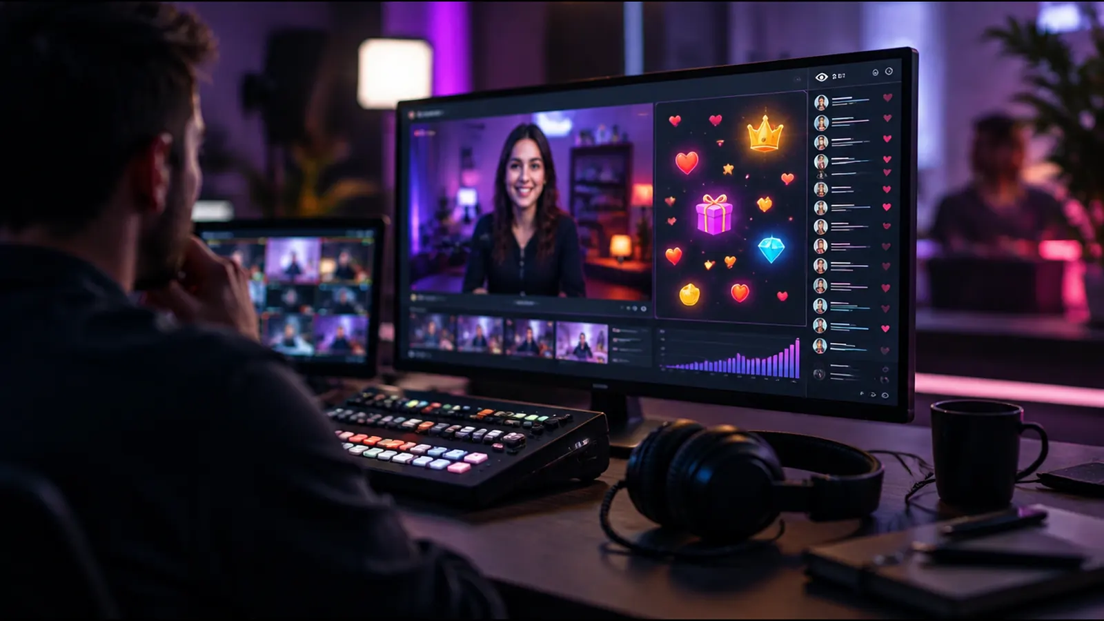 A live stream control desk with a monitor showing viewer counts and tips, and a headset