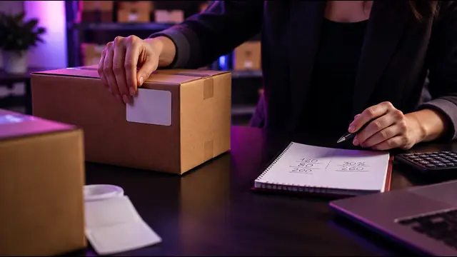 A wholesale box being relabeled with a new brand sticker, beside a margin calculation
