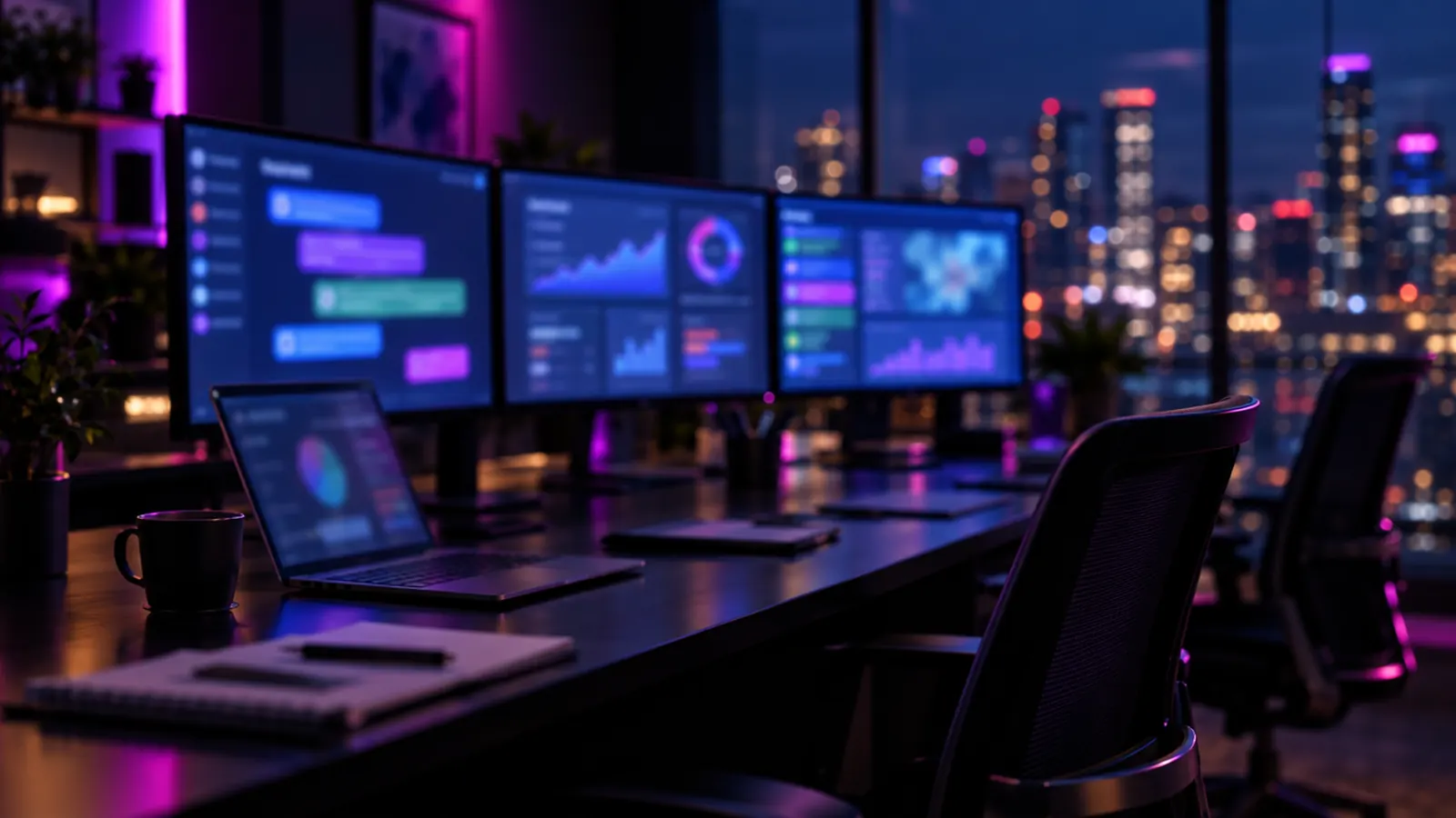 A dark agency operations room at night with three monitors showing blurred chat and dashboard panels under magenta and violet light