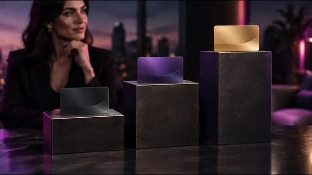 Membership cards on three stepped podium blocks rising in height