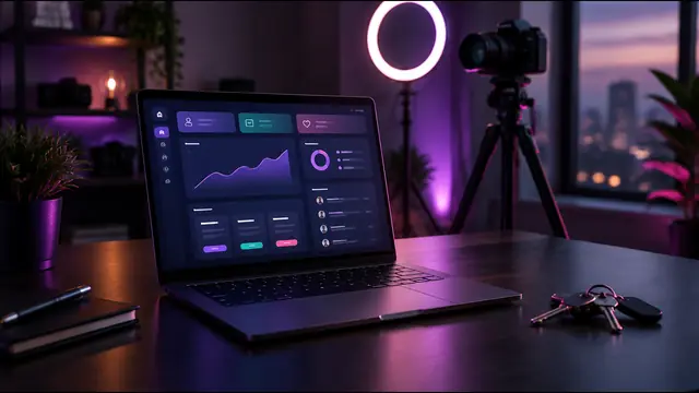 An empty home studio with a laptop showing a custom subscription site, a ring light and a camera