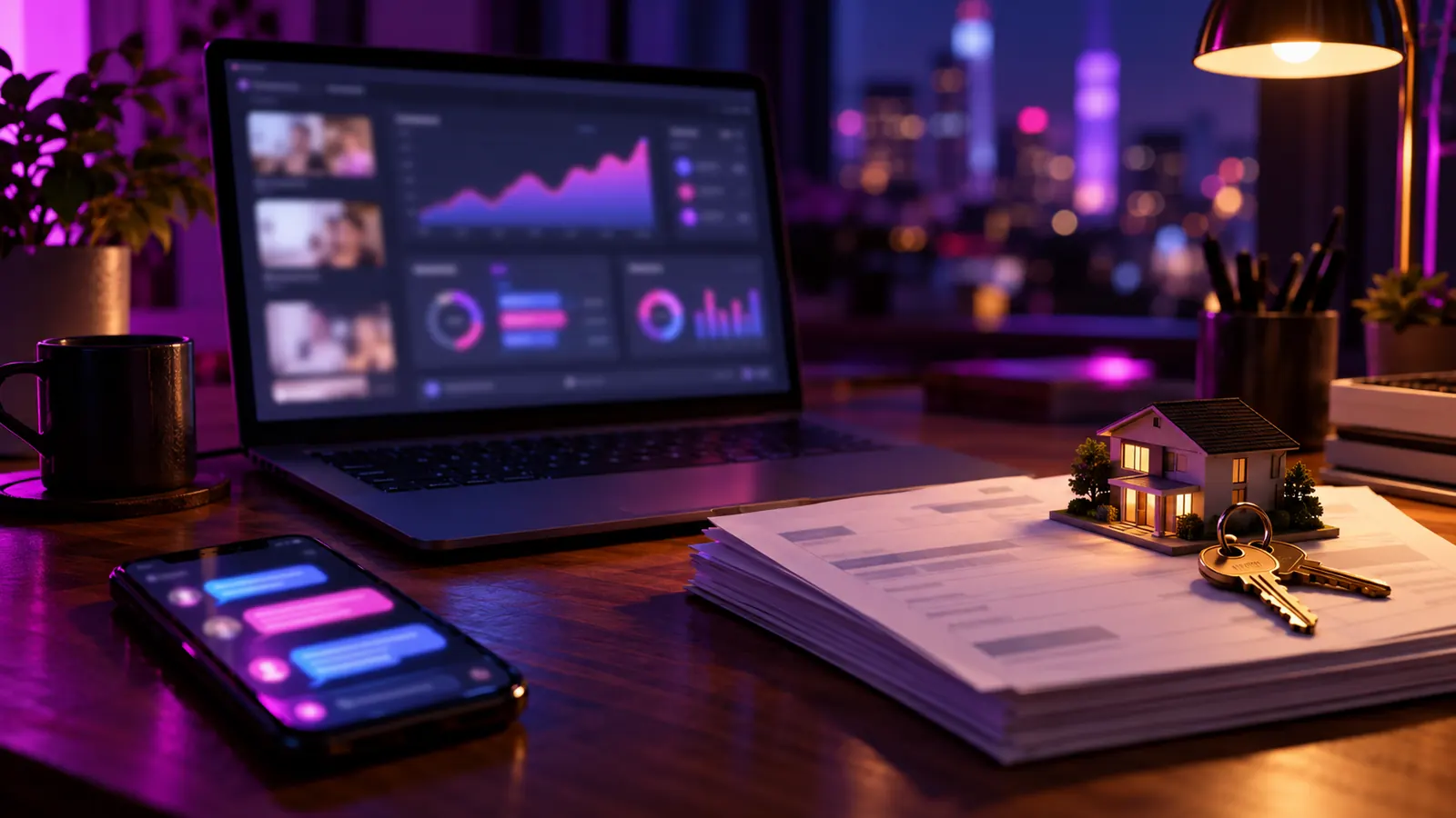 A desk at night with a laptop showing a blurred fan site dashboard, a phone with glowing chat bubbles, and a model house with brass keys on a stack of blank invoices under magenta and violet light