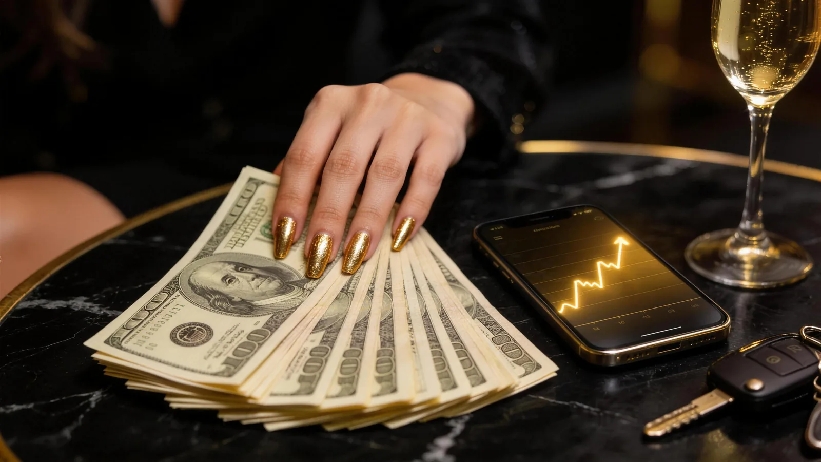 Gold-manicured hand fanning hundred-dollar bills beside a phone showing rising earnings