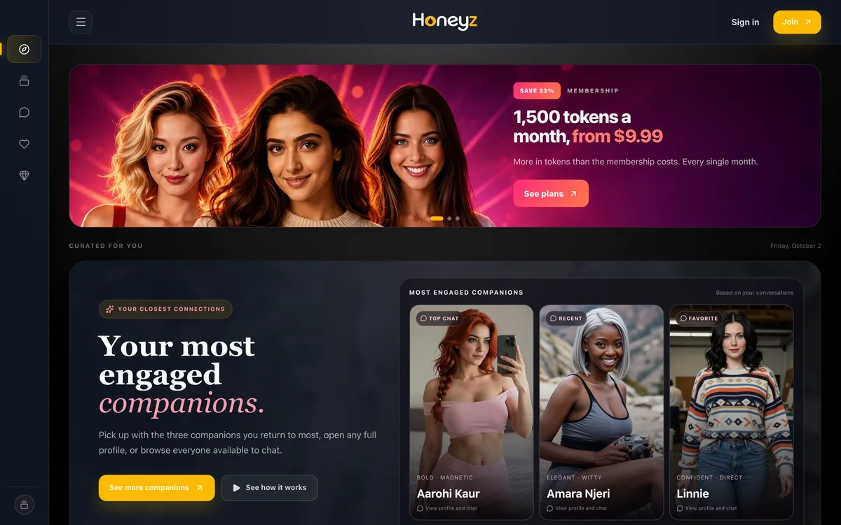 Honeyz.ai AI companion site home page