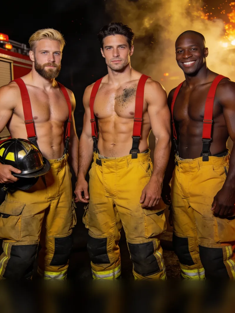 Three muscular firefighter AI companions in turnout pants and suspenders
