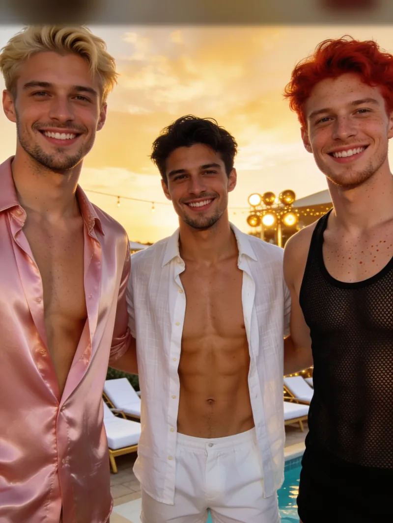 Three adult twink AI companions in silk, linen and mesh