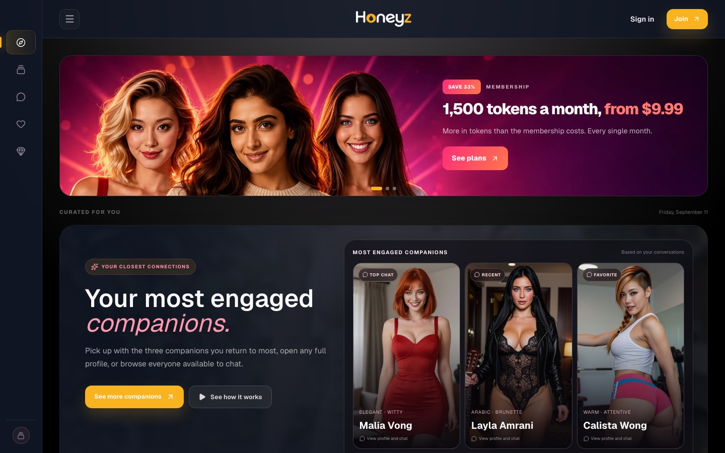 Honeyz.ai, a live AI companion site running on the WhiteLabelFans platform